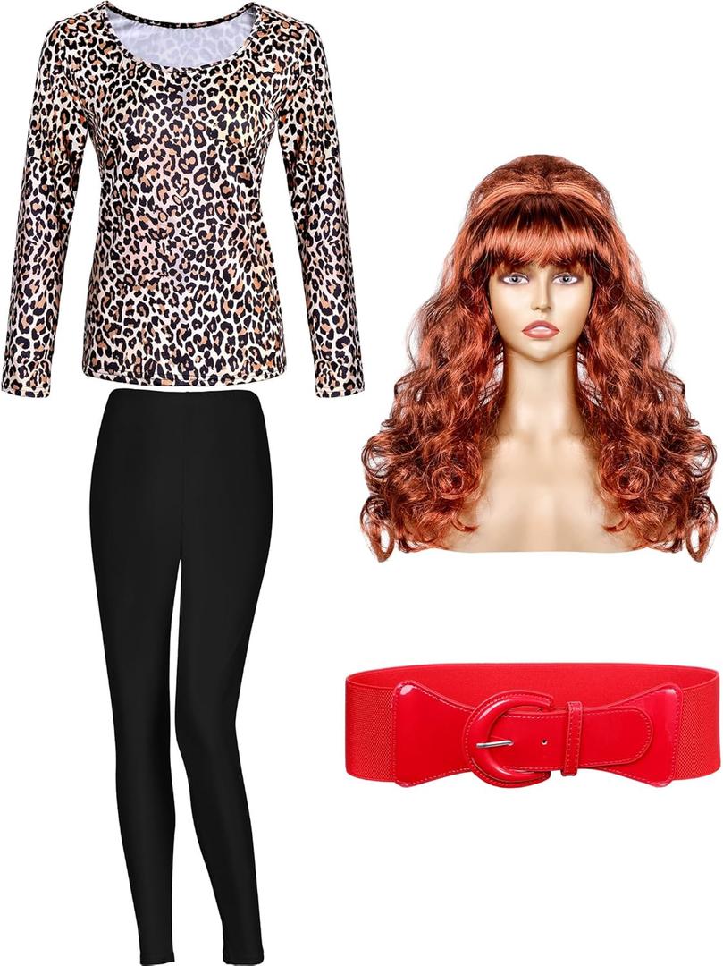 Bonuci 4 Pcs Halloween 80s Costume Married Women Leopard Printed Tops Tights Copper Red Wig Wide Stretchy Belt for Cosplay (Small)