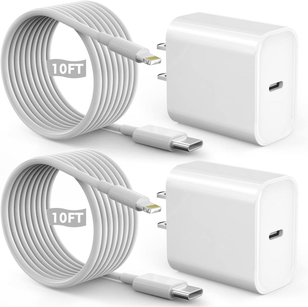 Fast iPhone Charger, Quick 10Foot USBC Wall Charger Phone Charge 2Pack 20W PD USB C Fast Charger Block + 10FT Lightning Fast Charging Cable for iPhone 14/Pro/Pro Max/Plus/13/12/11/XS/XR/X/SE2022/iPad (White)