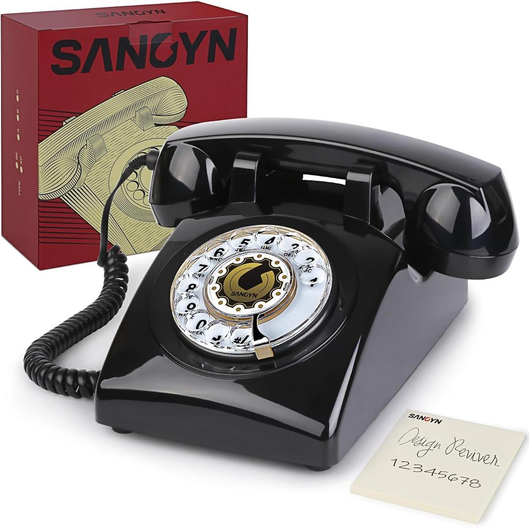 Retro Rotary Landline Phone 1960s Vintage Telephone Old Fashioned Corded Phones with Mechanical Ringer for Home Office Desk, Black