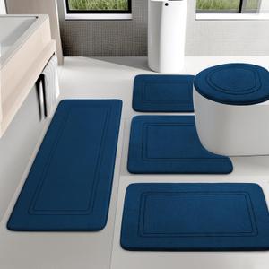 YIHOUSE Dark Blue Memory Foam Bathroom Rug Set 5 Piece, Absorbent Bath Mats, Non Slip Bath Mats for Bath Room Washable Dry Quickly Bath Rug Set for Bathroom Floor, Dark Blue Bath Mat Set 5 Piece