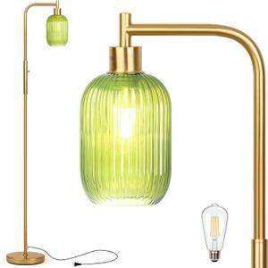 Glass Floor Lamp for Living Room, Dimmer Standing Lamp with Green Ribbed Lampshade,66 Tall Lamp & Gold Floor Lamp for Bedroom Study Room,Brushed Gold (Green)