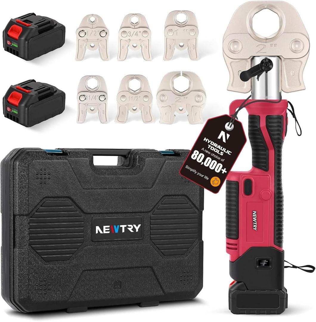 NEWTRY Pro Press Tool Kit Hydraulic Electric Pipe Crimping Tool 1/2",3/4",1",1-1/4",1-1/2", 2" Jaws 350 Rotatable Head Rechargeable 2pcs 5000mAh Batteries for Stainless Steel Copper PEX Pipes