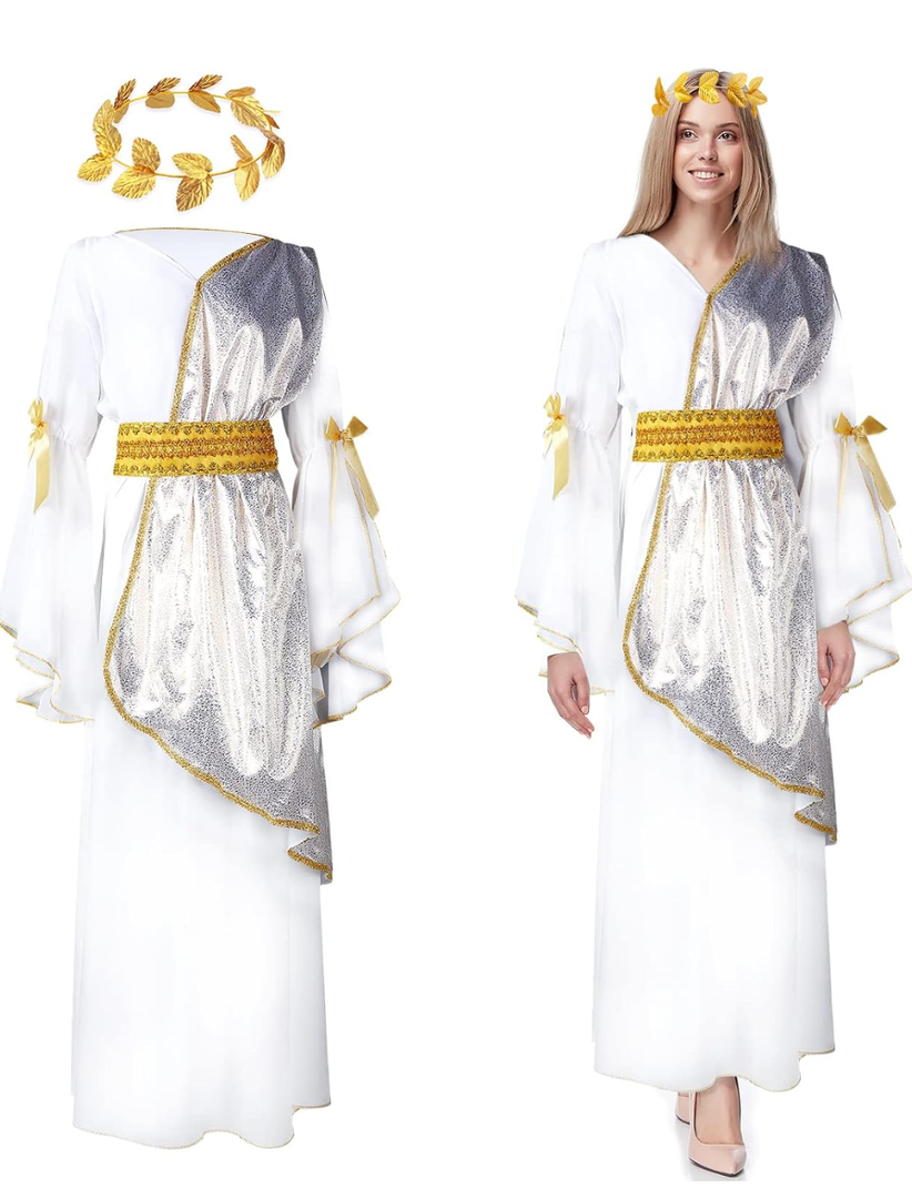 Geyoga 2 Pcs Greek Goddess Costume Toga Costume Women Halloween Greek Dress with Roman Crown Leaf Wreath, L