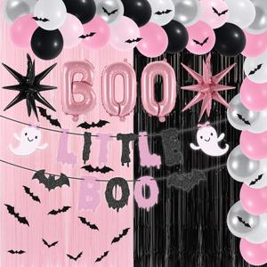 80Pcs Halloween Baby Shower Decorations Spooky Little Boo Baby Shower Party Supplies Pink&Black Backdrop 3D Bat Stickers Ghost Banner BOO Explosion Star Balloons for Halloween Birthday Gender Reveal