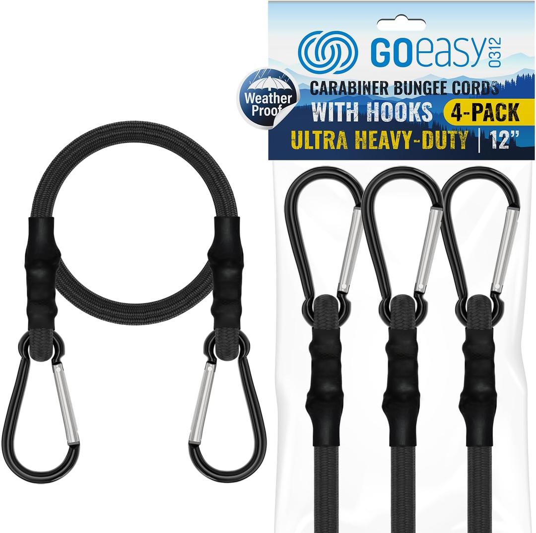 GOEASY0312 Carabiner Bungee Cords with Hooks Heavy Duty - 12" Elastic Bungee Cords With Carabiner Hooks 200 LBS Max Break Strength, UV Resistant for Camping, Tarps, Bike Rack, Tent, Car - 4pcs (Black)