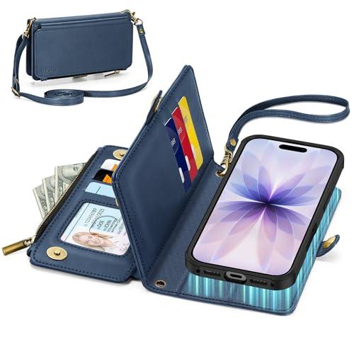 TUCCH Crossbody Detachable Wallet Case for iPhone 17 (6.3") 2025, 9 Card Holders RFID Blocking, Wireless Charging, Stand, Wrist Strap, Lanyard, Zipper Pocket, PU Leather Shockproof Cover, Dark Blue
