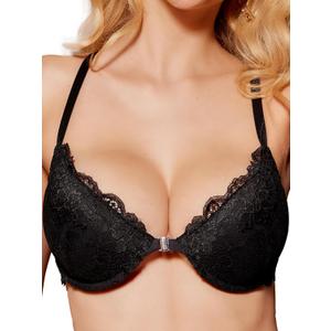 Push Up Lace Front Closure Bra for Women Padded Underwire Plunge Demi Racerback Bralette (36C, Black)