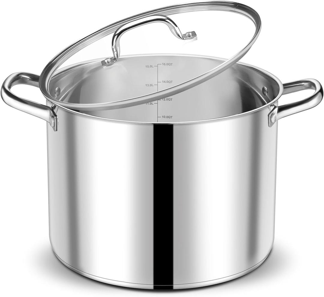P&P CHEF 16 QT Stock Pot with Lid, Stainless Steel Large Cooking Pot, Soup Canning Stockpot for Stewing Simmering, Tri-ply Bottom for All Stoves, Heavy-Duty &Dishwasher Safe & Food-Grade, 16 Quarts