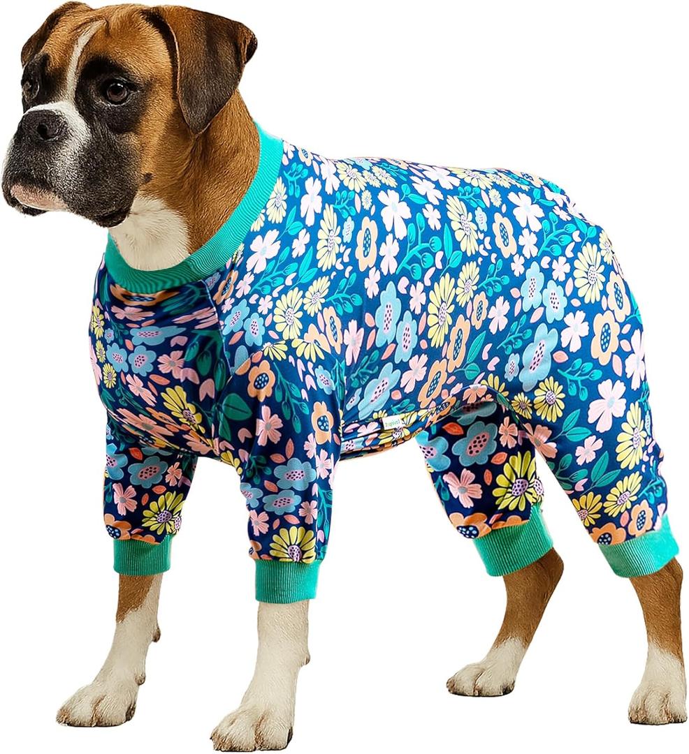 LovinPet Dog Pajamas Large Size Dog, Big Dog Clothes, Post Surgery Onesie, Lightweight Fabric Pitbull Pullover Pajamas, Puppy Pajama, Pitbull Clothes, Blue Green XXL