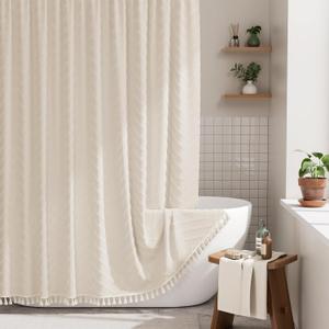 AmazerBath Boho Farmhouse Shower Curtain with Tassels, Beige Shower Curtain Set Fabric, Soft Cloth Chevron Rustic Shower Curtain with Hooks, Hotel Quality, 72x72 Inches