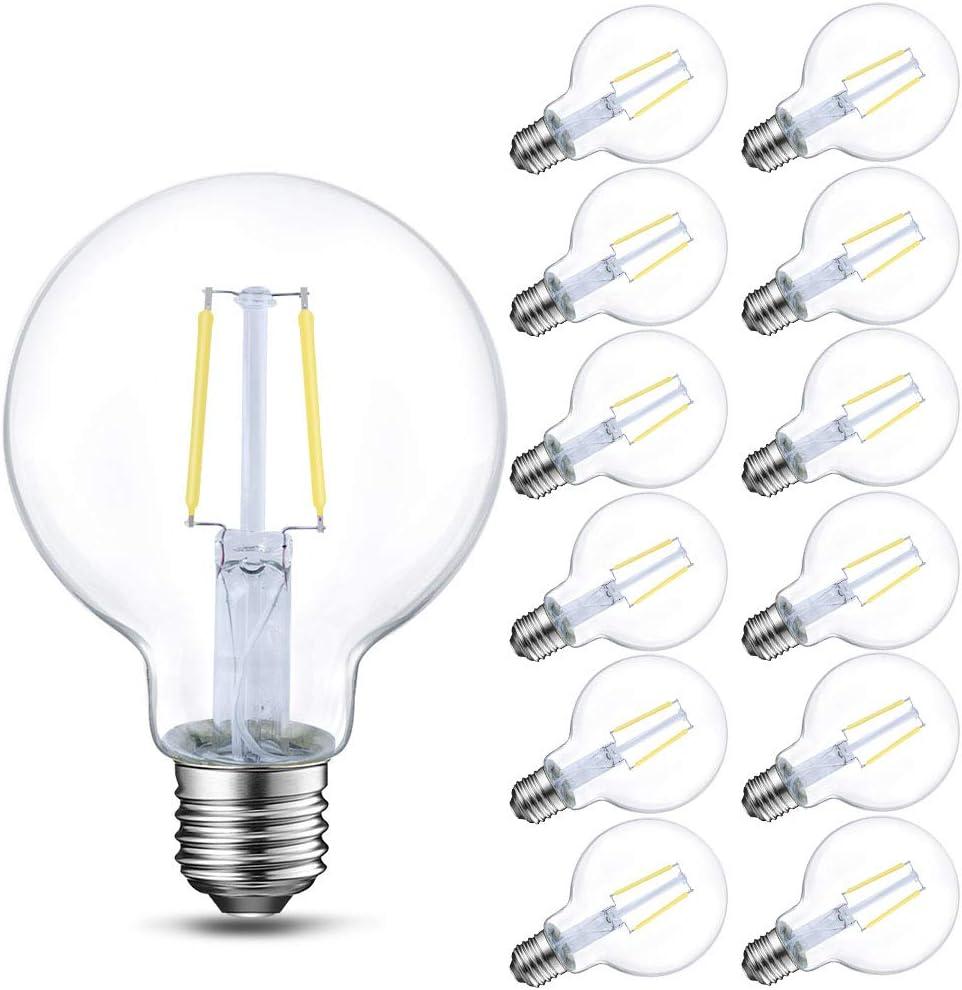 Energetic 12-Pack LED Globe G25 Dimmable Edison Light Bulb, 40 Watt Equivalent, 5000K,350LM, E26 Medium Screw Base, Christmas Light, G80 LED Edison Light Bulb, UL Listed