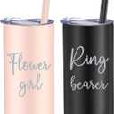 Sieral 2 Pcs 16 oz Flower Ring Bearer Tumbler Cup Stainless Steel Cup with Straw Water Bottle Gift Idea for Wedding Party(Black, Pink)