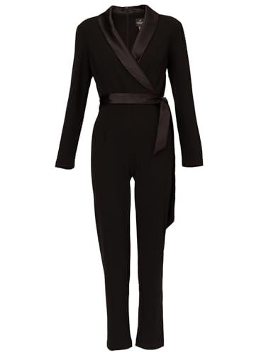 ADRIANNA PAPELL Women's Crepe Tuxedo Jumpsuit | Formal One Piece Jumpsuit with Satin Collar, Waist Sash & Tapered Legs Black 12