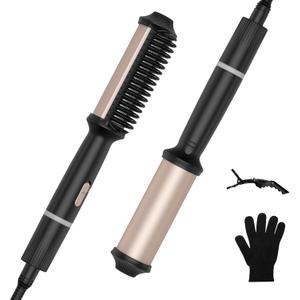 Hair Straightener Brush & Curler 2 in 1 - Anti-Scald Straightening Comb 7 Temps Settings up to 250-450F with Ceramic Coating, 20s Fast Heating, Double Voltage Professional Styling Tools