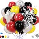 Race Car Balloons Black Red Yellow Silver 12 Inch 58pcs Checkered Star Foil Balloons Decorations for Car Theme Party for Boys Men Kids Two Fast Baby Shower Supplies, 1x2x3 inches