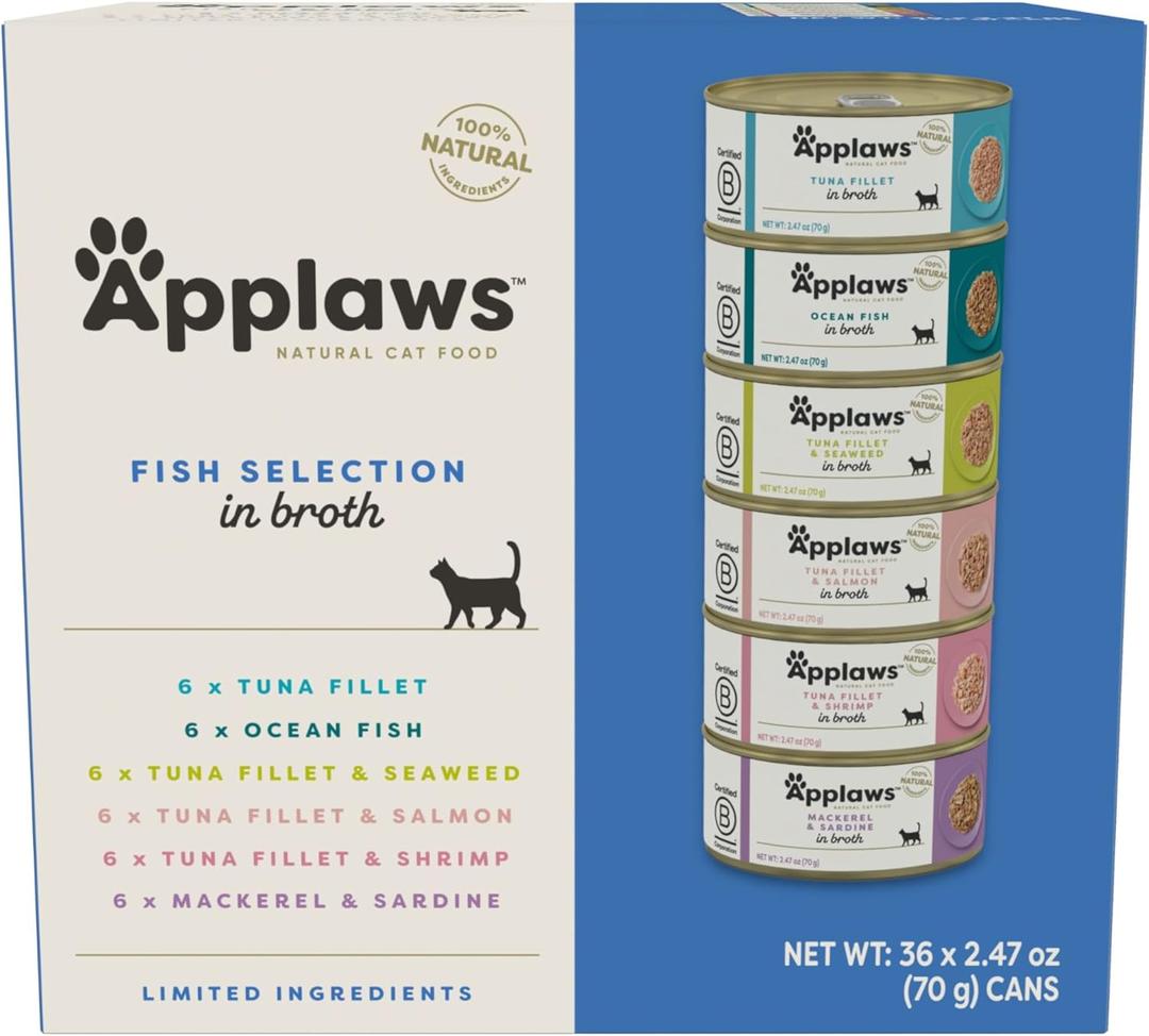 Applaws Natural Wet Canned Cat Food, Limited and Natural Ingreidents, High Protein with No Artificial Additives, Fish Selection in Broth (36 x 2.47oz Cans) (EXP 07/12/28)