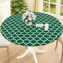 Smiry Round Picnic Tablecloth, Waterproof Elastic Fitted Table Covers for 36" - 44" Tables, Wipeable Flannel Backed Vinyl Tablecloths for Camping, Indoor, Outdoor, Emerald Green & White
