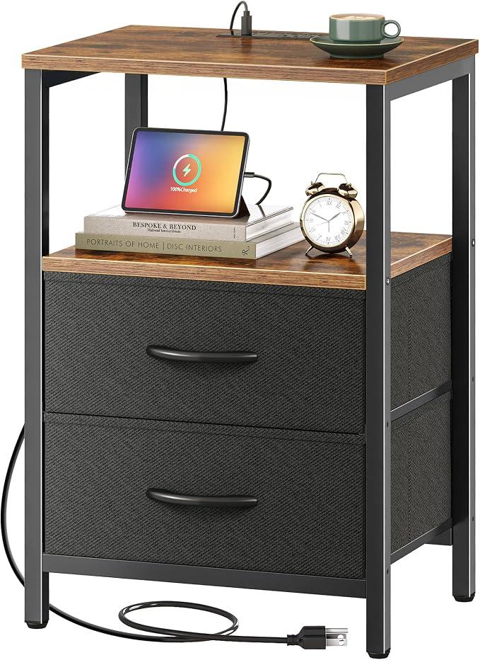 Huuger Nightstand with Charging Station, Side Table with Fabric Drawers
End Table with Open Shelf, Bedside Table with USB Ports and Outlets, Night Stand for Bedroom, Rustic Brown and Black