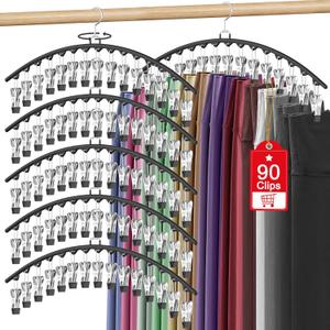 6 Pack Legging Organizer for Closet Hanging, Pants Hangers with 15 Clips Holds 45 Leggings, Shorts, Skirts, Jeans, Hats, Pants Hangers Space Saving Clothes Racks Closet Organizers and Storage, Black