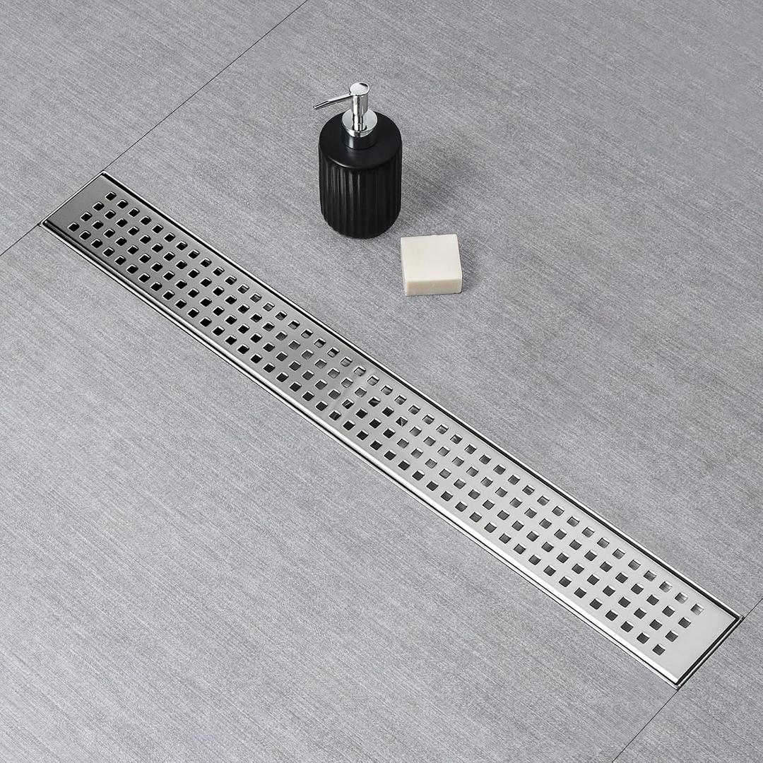 SaniteModar Linear Shower Drain 20 inch Brushed with Square Hole Panel | AISI 304 Stainless Steel Brushed Linear Dain Rectangle Shower Floor Drain with Hair Strainer and Leveling Feet