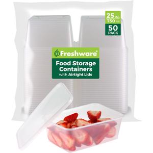 Freshware Food Storage Containers [50 Set] 25 oz Plastic Deli Containers with Lids, Slime, Soup, Meal Prep Containers, BPA Free, Stackable, Leakproof, Microwave, Dishwasher and Freezer Safe