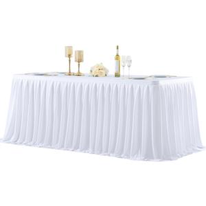 PARTISKY White Polyester Table Skirt for Rectangle Tables 14f, Wrinkle Resistant Pleated Ruffle Table Cloth for Birthday Party Banquet Wedding Baby Shower