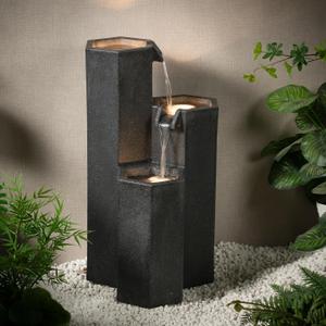 27.95“” H 3-Tiers Cascading Outdoor Water Fountain Made with Eco-Friendly Recyclable Materials, Polyethylene Waterfall Fountain, Outdoor Decor with LED Lights for Patio, Backyard