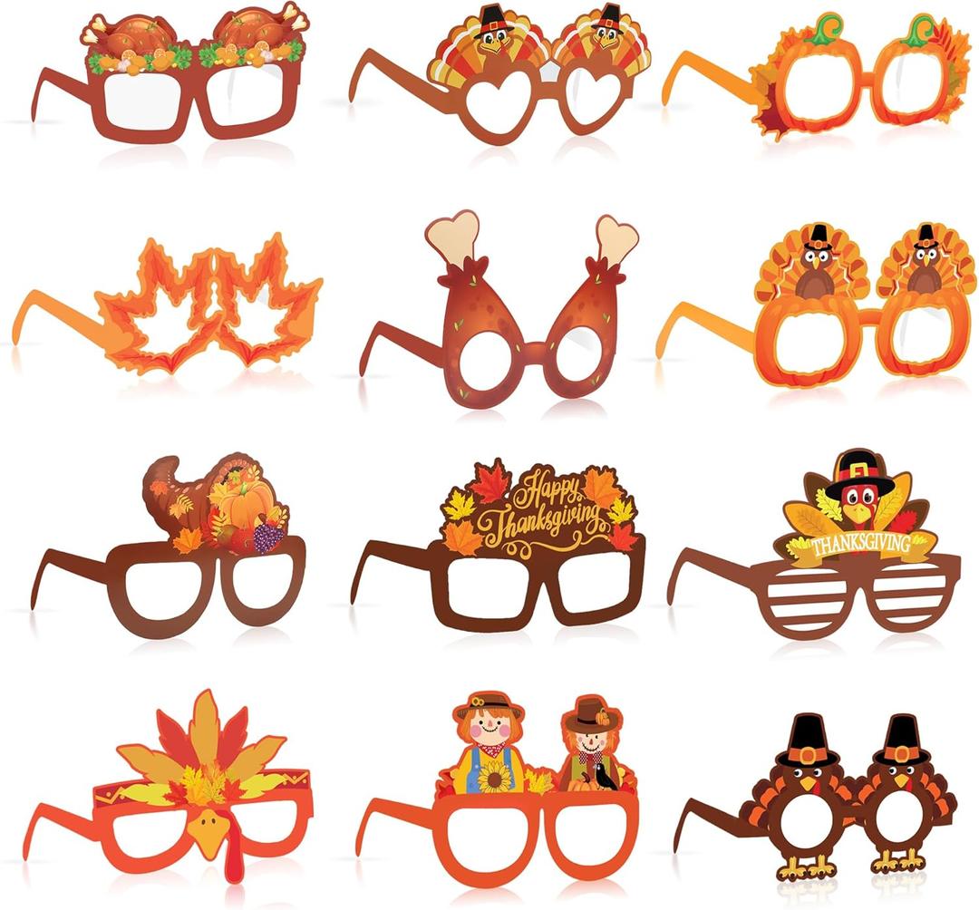 Fall Thanksgiving Party favors, 24 Pack Turkey Thanksgivings Glasses Photo Props Holiday Eyeglasses Frames Thanksgiving Accessories Gifts for Adult Fall Thanksgiving Harvest Party Decorations