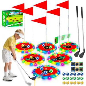 VATOS 2-in-1 Light up Golf for Kids- Golf Chipping Game & Bean Bag Toss with 6 LED Targets, 2 Clubs, 18 Balls, Night Golfs Play for Indoor Outdoor Party Yard Golfer Gifts Sports Toys for Kids 5-12