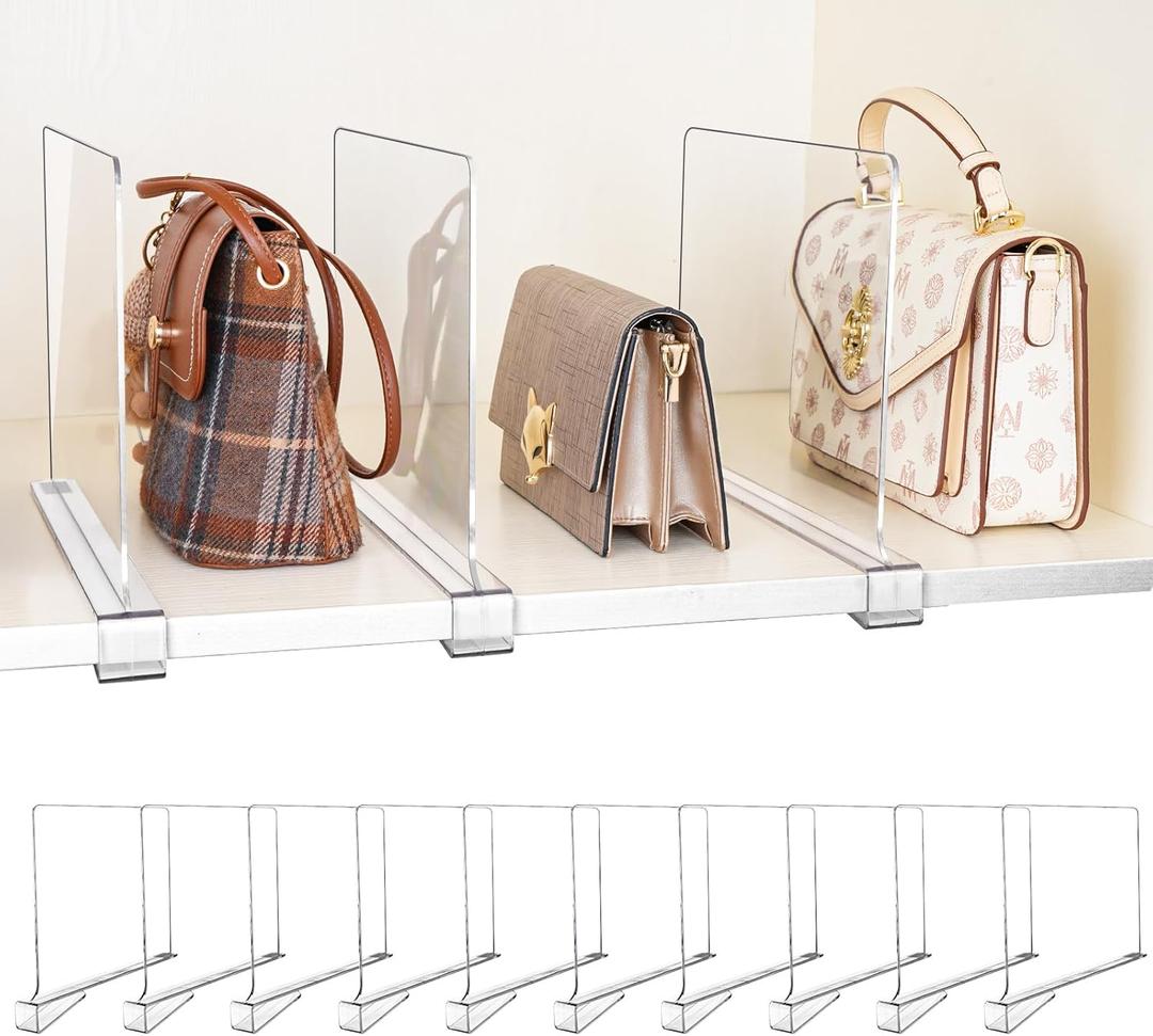 10 Pack Shelf Dividers, Adjustable Shelf Dividers for Closet Organization with Non-Slip Design, Clear Acrylic Shelf Dividers for Clothes, Handbags, Purses, Towels, Bookshelf in Home Organization