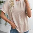 EVALESS Short Sleeve Shirts for Women Casual Spring Summer Tops Ribbed Knit Striped Womens Tops Crewneck Loose Fit T Shirts (Beige, XL)