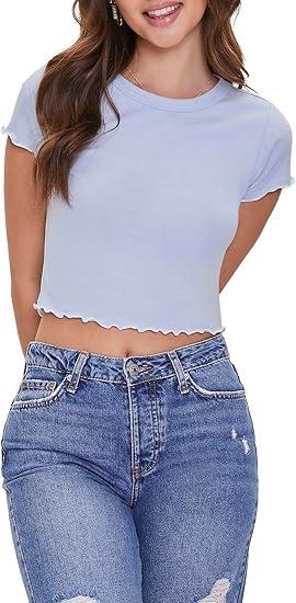 Forever 21 Womens Lettuce-Edge Cropped Tee (Medium, White)