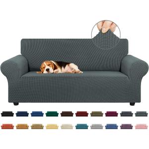 KEKUOU Stretch Loveseat Sofa Cover Slipcover,Couch Covers for 2 Cushion Couch Sofa (55"-78") Furniture Protector Sofa with Elastic Bottom for Kids,Dog. Jacquard Small Checked (Medium,Grey)