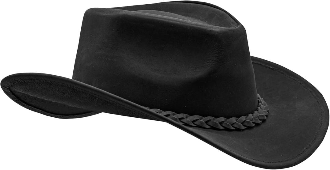 HADZAM Block Grain Leather Cowboy Hat for Men Women Shape able into Out Back hat Durable Leather Hats for Men | Western hat (X-Large, Black)