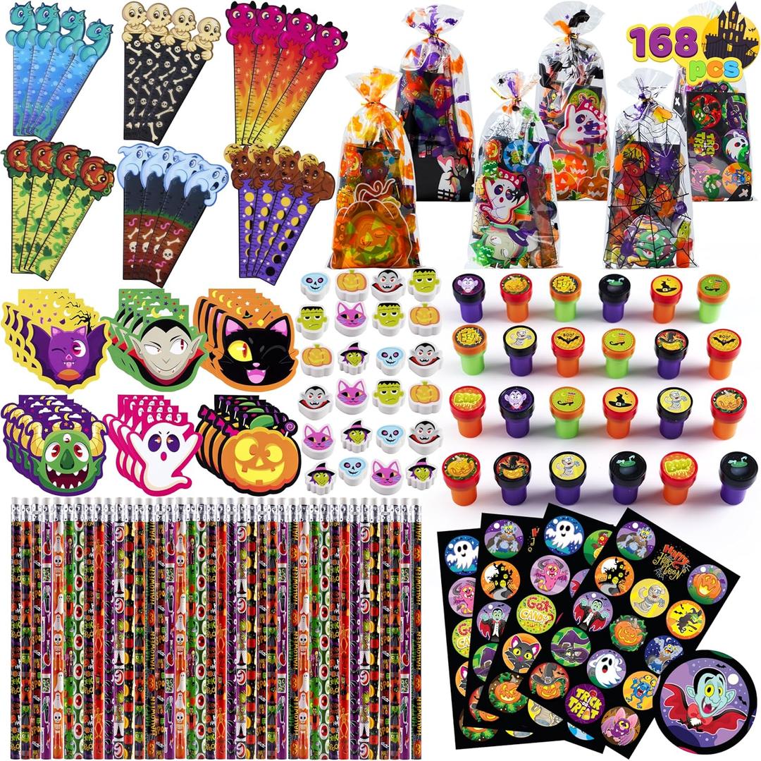 JOYIN 168PCS Halloween Stationery Set, Art Set for Kids' Birthday Gifts, 24 Pack Halloween Themed Stationery, Class Exchange, Party Favors Supplies, Carnival Game Prizes Gifts, Goodies Bags Fillers