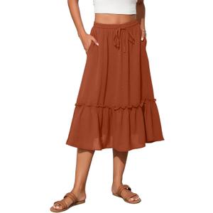 High Waist Tiered Skirts for Women Flowy Skirts for Women Below Knee with Pockets 2026 Fashion Trendy (Small, A-11 Orange)