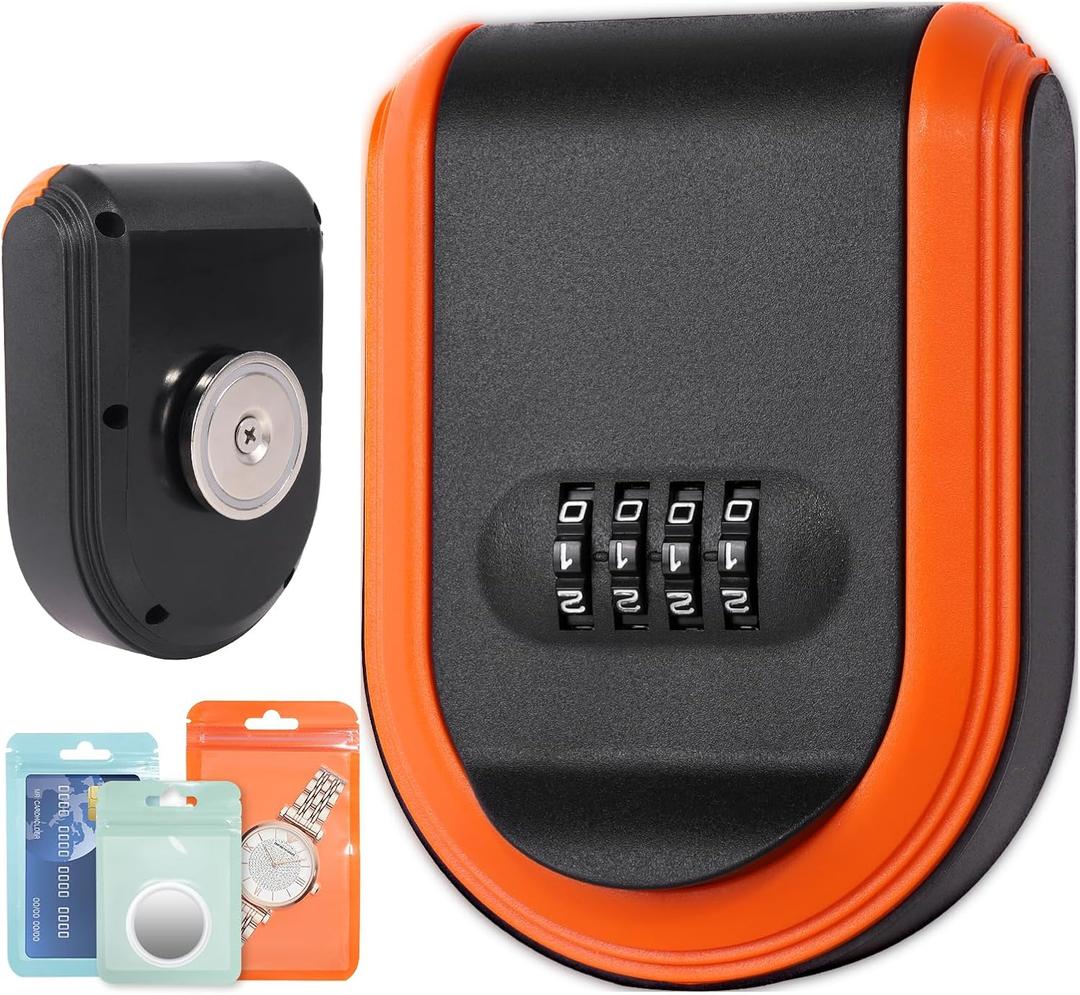 Magnetic Key Holder Under Car with Combination Lock, Hide a Key Box Waterproof Outdoor, Car Key Holder Magnetic Key Box with Strong Magnet (Orange)