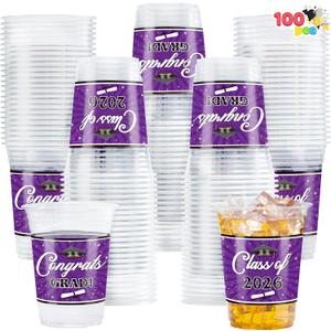 JOYIN 100 Pcs 16oz Graduation Party Plastic Cups (Purple), PET Cup Tableware Bulk for Class of 2026 Graduates, Grad Disposable Cups for 2026 High School College Graduation School Grad Party Supplies