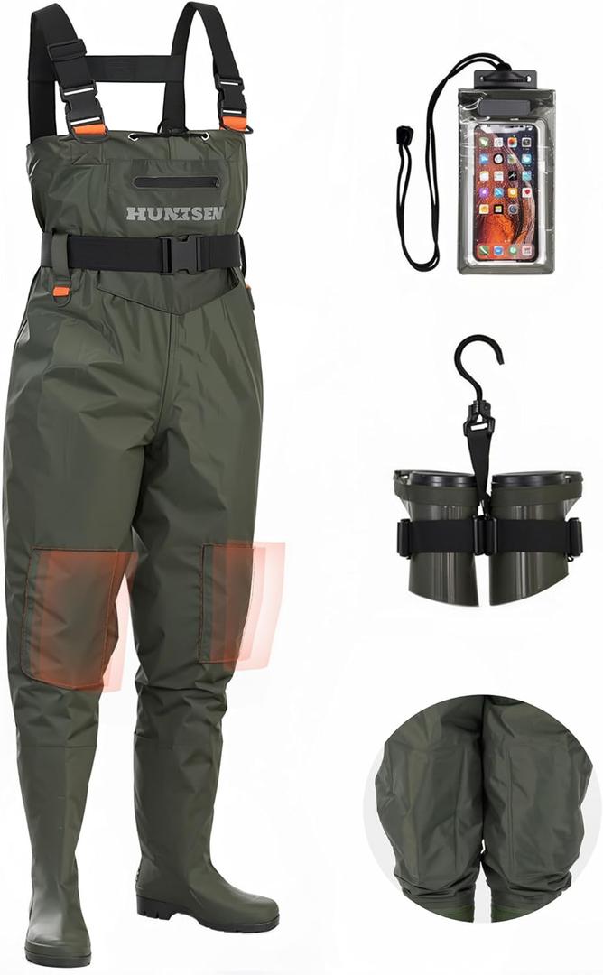 HUNTSEN Fishing Waders for Men Women - 2-Ply Nylon/PVC Waterproof Hunting Chest Waders with Boot Hanger&Phone Case, Size: Men's 12 (Green)