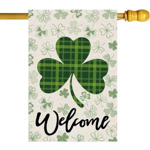 Welcome St. Patrick's Day Green Plaid Shamrocks Clovers House Flag Large Burlap 28X40 Inch Vertical Double Sided Outside Yard Holiday Outdoor Farmhouse Decoration