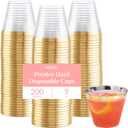 Prestee Hard Disposable Cups - Heavy Duty Fancy Plastic Cups - Plastic Cocktail Drinkware - Disposable Drinking Cup 9 oz - Bulk Drinking Glasses for Wedding - 200ct Gold Tumblers (200 Count (Pack of 1))