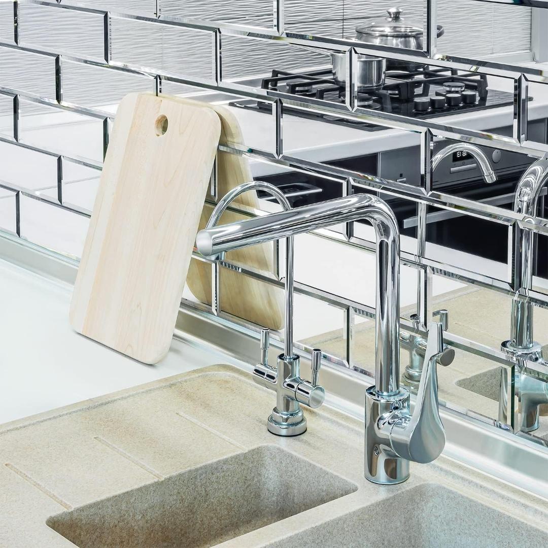 3" X 10" Glass Mirror Subway Backsplash Kitchen Bathroom Beveled Edge Brick Tile (Silver, 10 Tiles 2sq.ft)