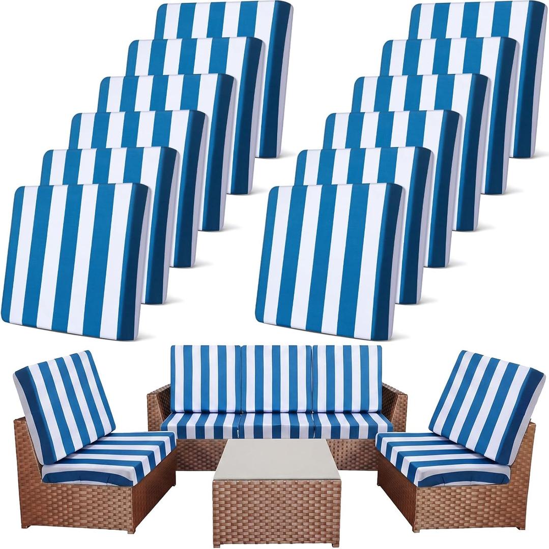 Newwiee 12 Pcs Patio Stretch Outdoor Cushion Covers Sofa Couch Cover Replacement Couch Slipcover Sofa Seat Chair Porch Patio Furniture Protector, Flexibility Washable (Blue White,Stripes)