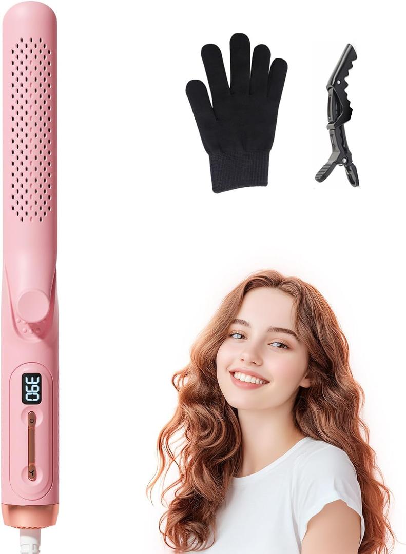 Hahahope Airflow 2 in 1 Straightener and Curler- 360 Airflow Styler Curling Iron, 1.25" Flat Iron Hair Straightener and Curler 2 in 1 for Short Long Hair, 5 Temps,Dual Voltage,Pink