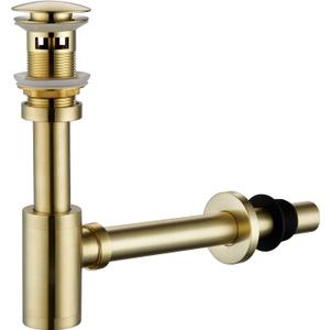 Brass P Trap with Bathroom Sink Stopper: 1-1/4 Sink Drain Round Bottle Trap Set with Overflow - Adjustable Height, Brushed Gold - Complete Basin Sink Plumbing Kit for Pipe Replacement