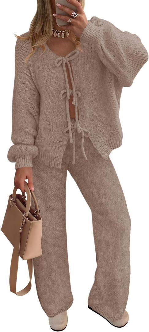 ZESICA Women's 2 Piece Outfits Lounge Pajama Sets 2026 Fall Long Sleeve Cardigans Wide Leg Pants Matching Winter Clothes (Large, Khaki)