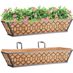 Riare 2 Pack 24 Inch Window Boxes Planters with Coco Liner, Metal Deck Railing Planter Boxes, Balcony Planters Railing Hanging, Horse Trough Window Flower Planter Boxes for Outdoor Porch Fence Patio