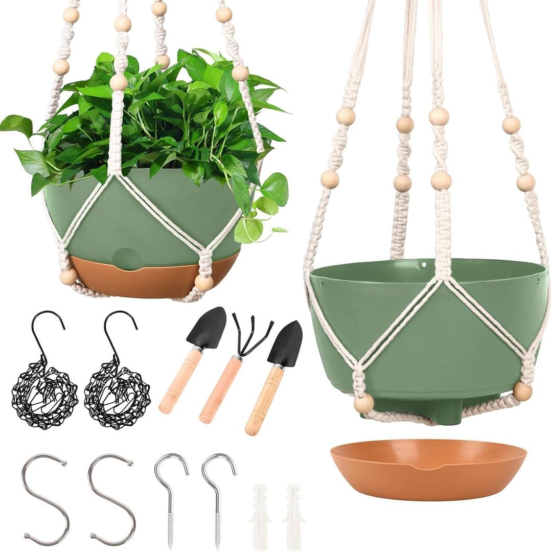 Hanging Planters for Indoor Plants, 2 Pack 10 Inch Self Watering Hanging Pots for Plants with Drainage Holes, Indoor Outdoor Hanging Flower Pots for Home Garden Ceiling Decor (Green)