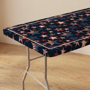 Horaldaily 4th of July Fitted Tablecloth 72 x 30 Inch Rectangular, Wooden Vintage Rustic Dark Blue Patriotic Washable Table Cover Elastic Edged for Dinning, Picnic, Camping, Banquet