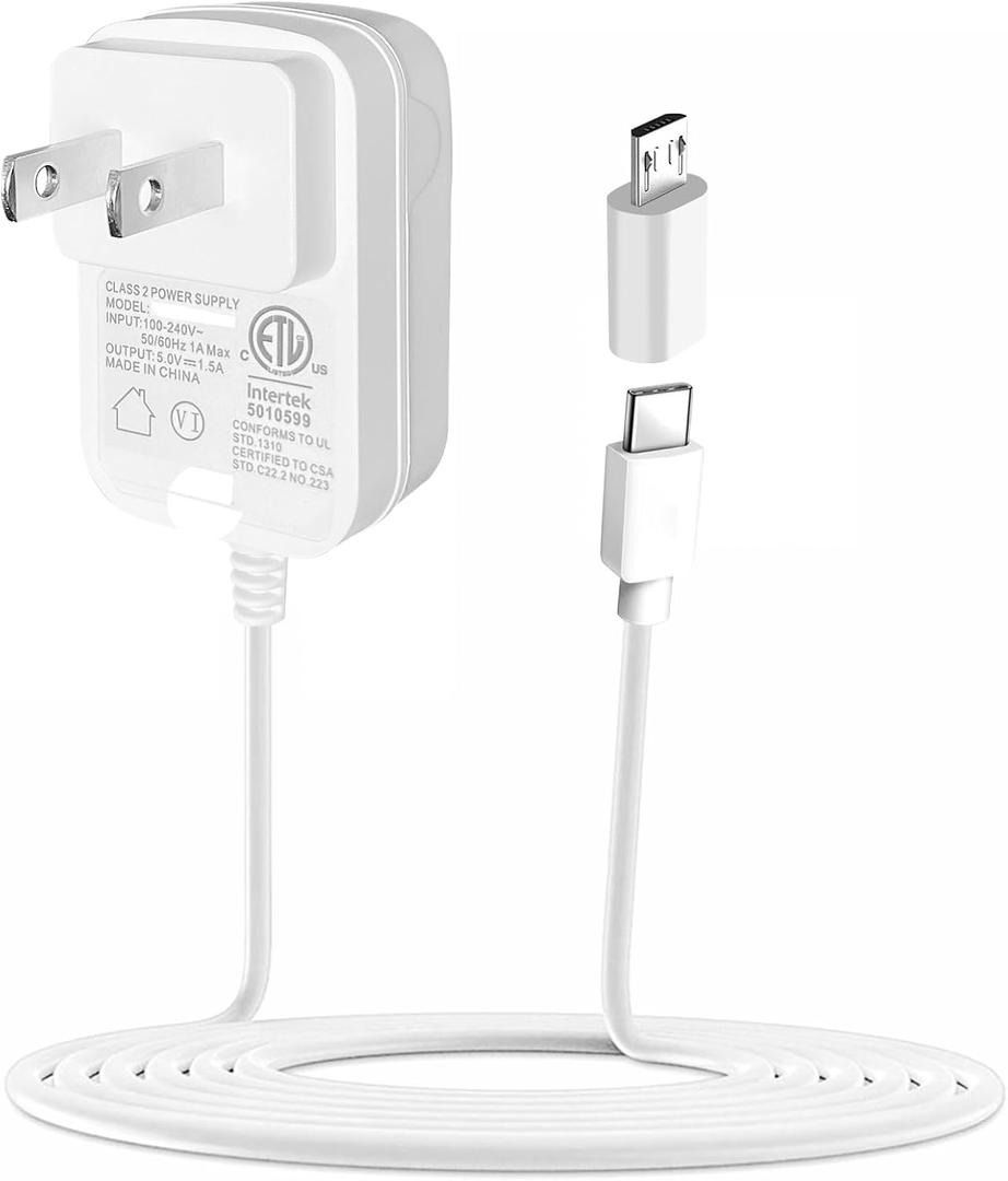 TKDY 5V 1.5A Power Adapter Charger, DC 5 Volt 1A 0.5A Power Supply Cord, with USB Type C and Micro USB Port, fit for DC5V 5Vdc Kindle Paperwhite Speaker Tablet Android Smartphones and More.